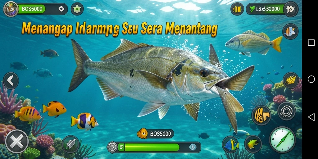Gameplay BOS5000 menampilkan momen seru saat menangkap ikan di lautan.