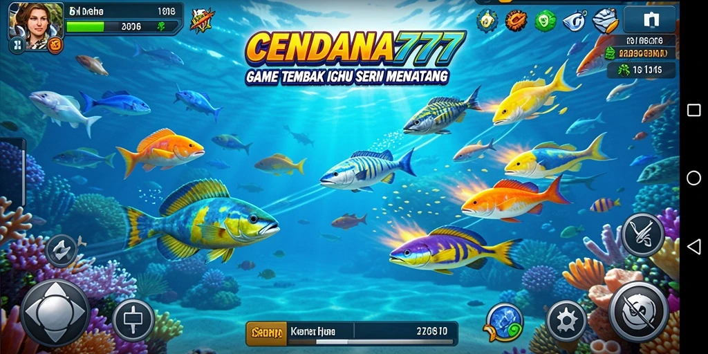 Tampilan gameplay CENDANA777 saat menembak ikan berwarna-warni.