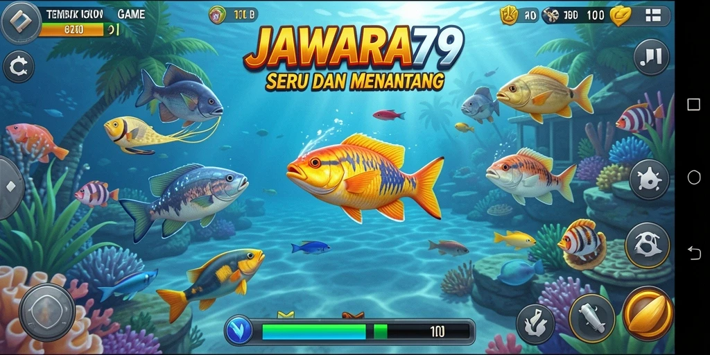 Screenshot gameplay seru dari JAWARA79 yang menunjukkan aksi Tembak Ikan.